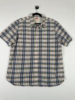 Levi’s Plaid Button Down Shirt Short Sleeve Cotton Blue Beige Standard Fit XL